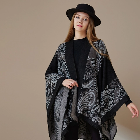 Damen Winter Warm Paisley Schal Umhang Vintage Ethno Offene Front Decke Schal Mode Oberbekleidung Umhang
