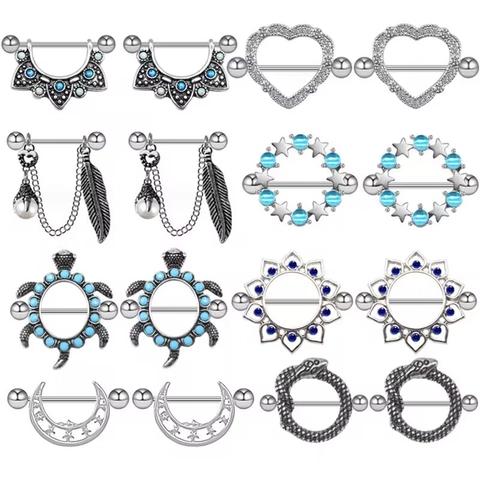 Gioielli Piercing Capezzolo In Acciaio Inossidabile Catena Pendente Piuma Cuore Perla Artificial Scudo Capezzolo