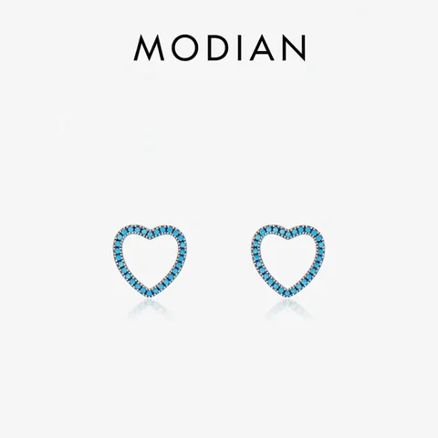 Heart Stud Earrings 925 Sterling Silver Hollow Design With Blue Turquoise Micro Pave Simple Sweet Style For Women