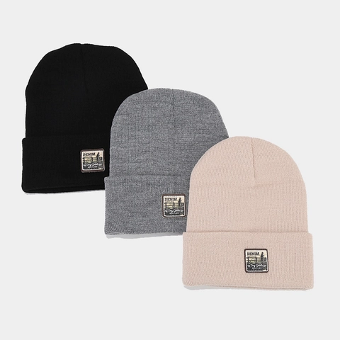 Knitted Beanie Hat Ribbed Acrylic Winter Warm With Vintage Patch For Men Women Streetwear