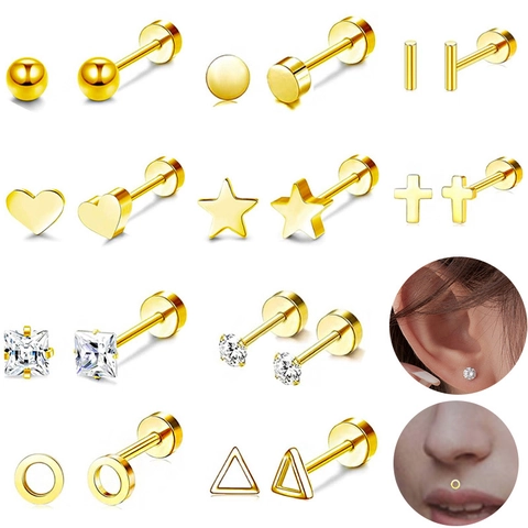 Orecchini a Bottone Geometrici Unisex in Acciaio Inossidabile Placcato Oro Cuore Stella Croce Strass Gioielli da Piercing
