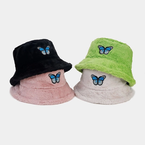 Women Plush Bucket Hat With Faux Fur Winter Warm Soft Sunshade Basin Cap Featuring Elegant Butterfly Embroidery Patch