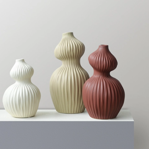 Jarrón De Flores De Cerámica Forma De Calabaza Rayas Verticales Texturizado Moderno Minimalista Decorativo Centro De Mesa Decoración Hogar