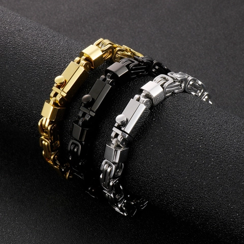 Byzantijnse Schakelarmband Voor Heren Roestvrij Staal Vierkante Schakels Hip Hop Rock Sieraden Vouwsluiting