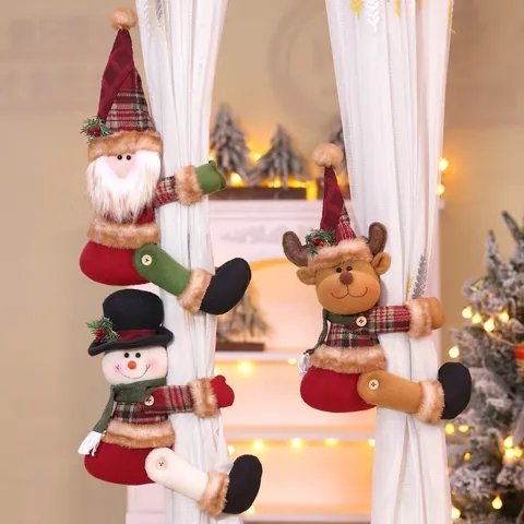 Kerst Gordijngesp Kerstman Sneeuwpop Rendier Geruite Pluche Stof Knuffel Venster Decoratie