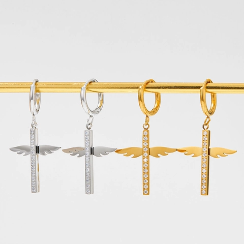 Engel Vleugel Kruis Hoop Oorbellen Roestvrij Staal Met Zirkonia Hanger Voor Dames Zoete Stijl