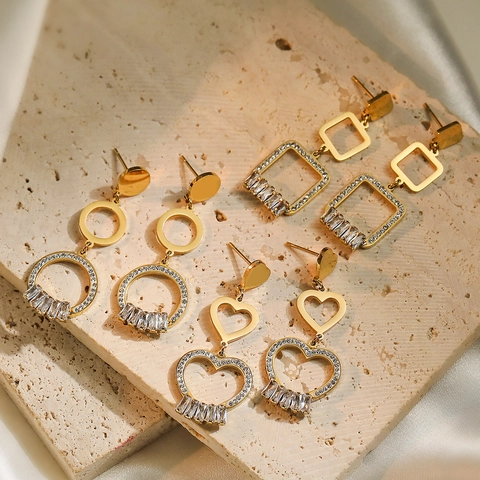 Orecchini Pendenti Geometrici A Cuore In Acciaio Inossidabile Placcato Oro Vero Zirconia Accessori Donna