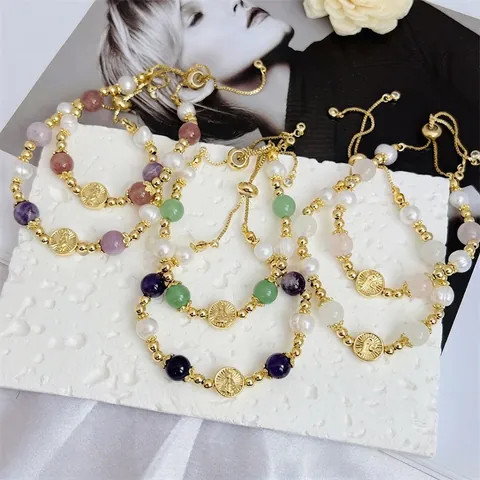 Vintage Gold Plated Copper Beaded Bracelet Women Artificial Pearl Natural Stone Virgin Mary Adjustable Religious Jewelry