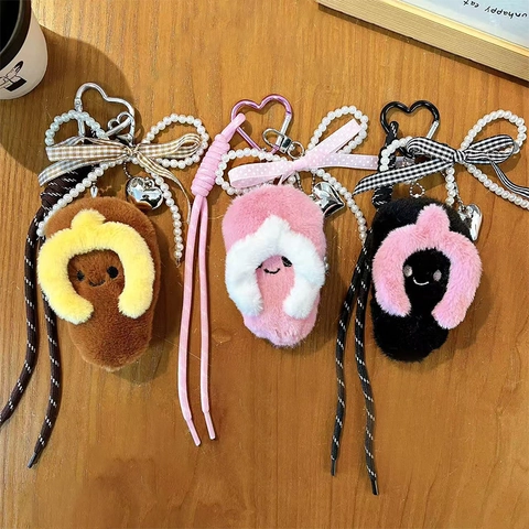 Cute Plush Slipper Keychain Squeaky Mini Shoe Bag Pendant With Bowknot Artificial Pearl Heart Charm For Girls Women Gift