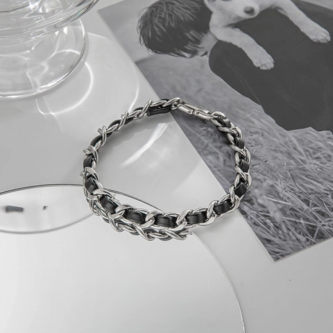 Juego de Collar y Pulsera de Cadena de Cuero de Acero Inoxidable Vintage para Mujeres Hombres Joyería Entretejida Minimalista