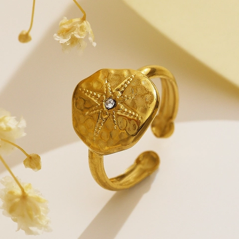Achtpuntige Ster Poolster Ring Gehamerde Textuur Roestvrij Staal 18K Verguld Verstelbaar Zirkonia Vintage Sieraden Dames
