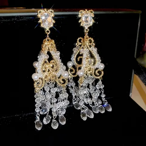 Vintage French Palace Luxury Tassel Dangle Earrings For Women With Glass Crystal Artificial Pearl And 925 Sterling Silver Earring Post