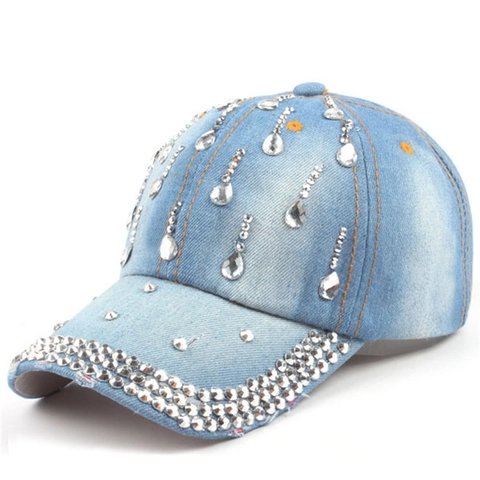 Women Rhinestone Denim Baseball Cap Distressed Crystal Sun Hat Adjustable Sparkly Bling Streetwear Chic Outdoor