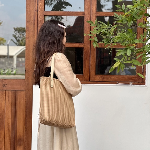 Borsa Tote Vintage A Quadri In Cotone Tela Spessa Strutturata Borsa A Spalla Retro Letteraria Borsa Per Laptop Donna