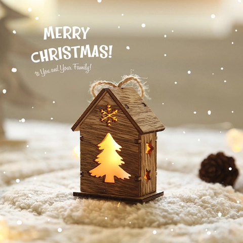 Christmas Wooden Light Up House Hanging Ornament Glowing Wood LED Decor Hollowed Reindeer Snowman Pattern Festive Desktop