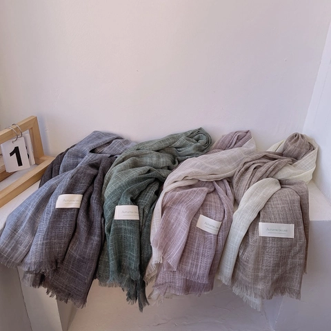 Elegant Women Mori Style Linen Scarf Gradient Color Block Shawl Thin Sun Protection Scarf Retro Long Tassel Wrap For Daily