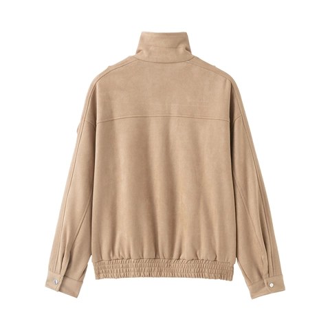 Damen Bikerjacke Aus Wildlederimitat Moto-Stil Stehkragen Reißverschluss Retro Khaki Langarm Outwear