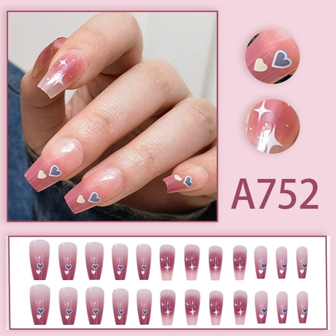 Gradient Roze Press On Nails Lange Doodskist Vorm Kunstnagels Hart Ster Patroon Glanzende Zoete Coole Stijl Voor Vrouwen Manicure