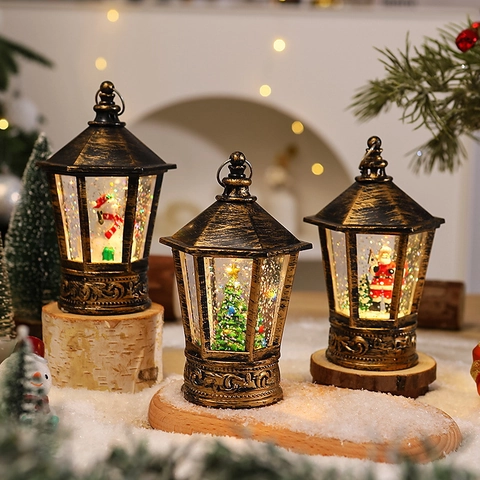 Linterna De Navidad Retro Bola De Nieve Luz Nocturna LED Con Papá Noel Muñeco De Nieve Árbol Purpurina Agua Decoración De Mesa Estilo Vintage