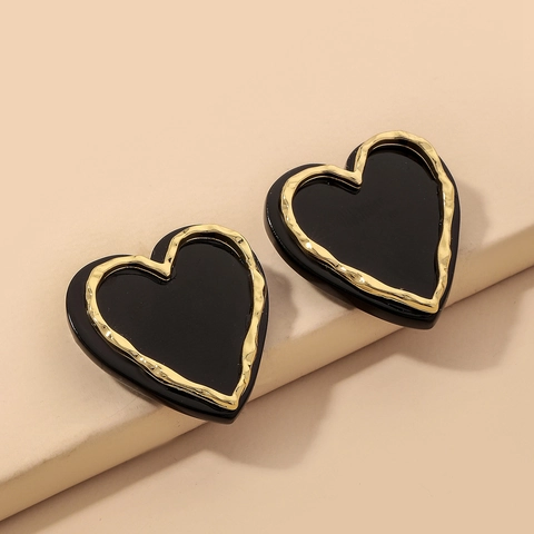 Pendientes De Botón Corazón Marco De Aleación Martillada Oro Acrílico Negro Poste De Plata De Ley 925 Para Mujer