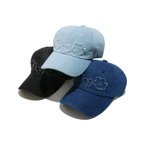 Baseball Cap Women Washed Denim Cotton 3D Embroidered Flower Distressed Patches Adjustable Retro Casual Outdoor Hat