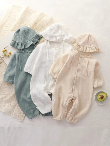 Baby Romper Jumpsuit 100% Cotton Gauze Muslin Long Sleeve Snap Button Round Neck And Matching Hat Newborn Infant