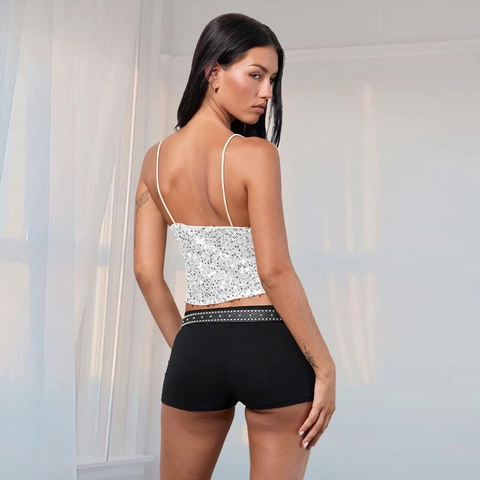 Sequin Camisole Top V Neck Spaghetti Strap Backless Party Clubwear Sexy Cropped Sleeveless For Women