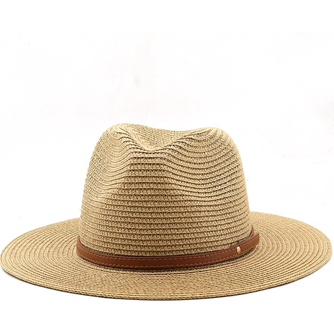 Sombrero Fedora Panama Clásico Paja Papel Protección Solar Ala Ancha Con Cinturón Cuero Y Remache Metal Verano Playa