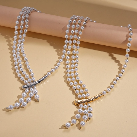 Vintage Multi Layer Necklace For Women Elegant Imitation Artificial Pearl Alloy Geometric Irregular Tassel Beaded Sweater Chain