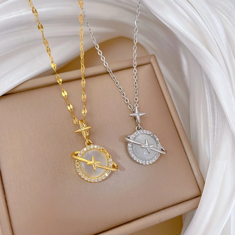 Collana Con Ciondolo Pianeta Catena In Acciaio Al Titanio Rame Zircone Pietra Occhio Di Gatto Per Donna