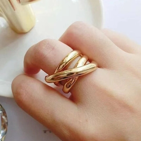 Mehrlagiger Gekreuzter Offener Ring Titanstahl 18K Vergoldet Minimalistischer Moderner Schmuck Für Frauen
