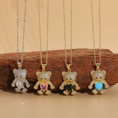 Fashion Copper Bear Pendant Necklace Heart Zirconia Inlaid Cute Animal Gold Silver Necklace For Women Daily Party Jewelry Gift
