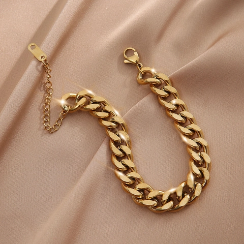 Pulsera De Cadena Cubana Acero De Titanio Hip Hop Retro Eslabón Grueso Chapado En Oro Joyería De Moda Para Hombres Mujeres