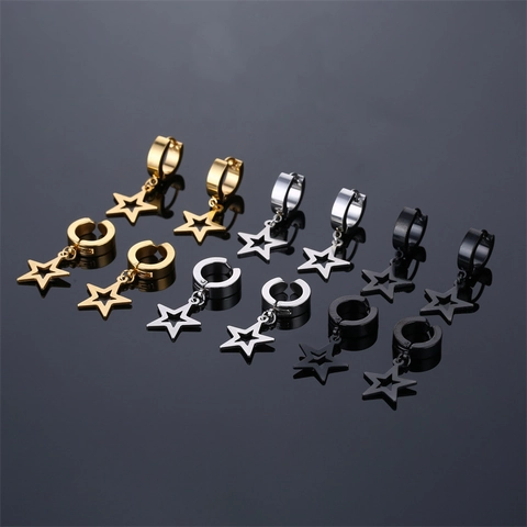 Pendientes De Aro Con Colgante De Estrella Pentagrama Hueca De Acero Inoxidable Joyería Punk Hip Hop Unisex