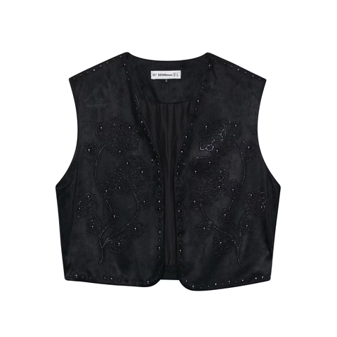 Vintage Damen Weste Aus Wildlederimitat Mit Stickerei Schwarz Ärmellos V Ausschnitt Perlen Floral Weste Boho