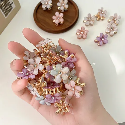 Mini Flower Hair Claw Clips Resin Alloy Rhinestone Five Petal Small Hairpin Sweet Korean Style Women Girls
