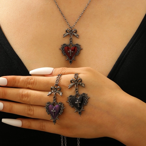 Gothic Punk Zinc Alloy Heart Cross Bow Pendant Necklace Retro Palace Style Red Purple Black Enamel Jewelry For Women Party