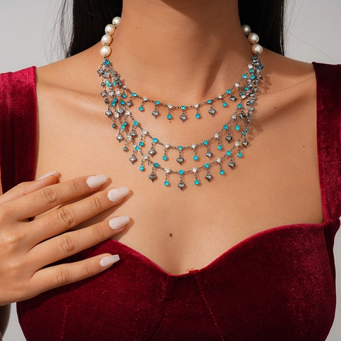 Collar De Varias Capas Vintage Diamantes Azules Colgante De Corazón Perla Artificial De Imitación Cadena De Clavícula Mujer