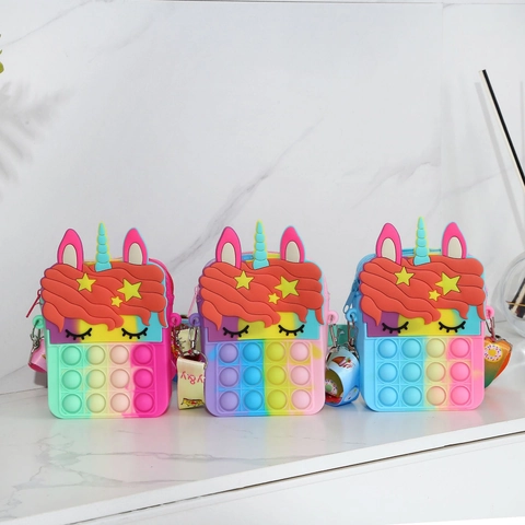 Bolso Bandolera De Silicona De Unicornio Para Niños Pop It Fidget Monedero De Descompresión Colorido Del Arco Iris