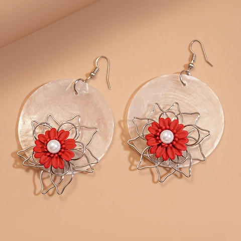 Pendientes Colgantes Flor Hueca Disco Redondo Hierro Concha Perla Artificial Imitación Floral Rojo Estilo Bohemio Joyería Vintage