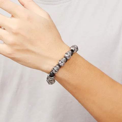 Bracciale Di Perle Teschio Punk Uomo Retro Gotico Acciaio Al Titanio Occhio Di Tigre Pietra Lavica Gioielli