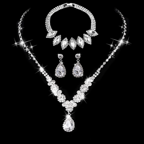 Bridal Jewelry Set Copper Shiny Zircon Rhinestone Water Drop Necklace Earrings Bracelet Ring For Women Wedding Party