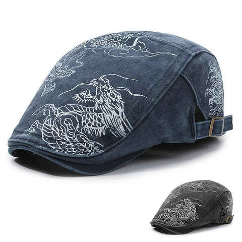 Casquette Plate En Denim Lavé Vintage Avec Broderie De Dragon Style Chinois Rétro Chapeau Newsboy Réglable Décontracté