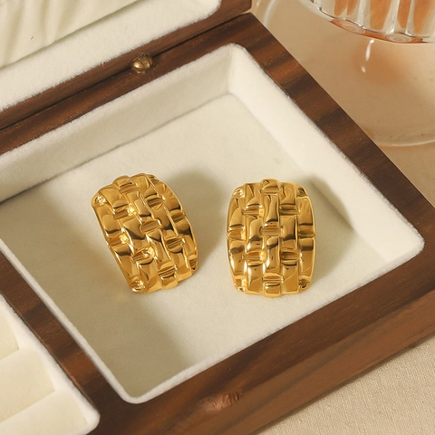 French Vintage Woven Texture Stud Earrings 18K Gold Plated Stainless Steel Geometric Rectangle Minimalist Women