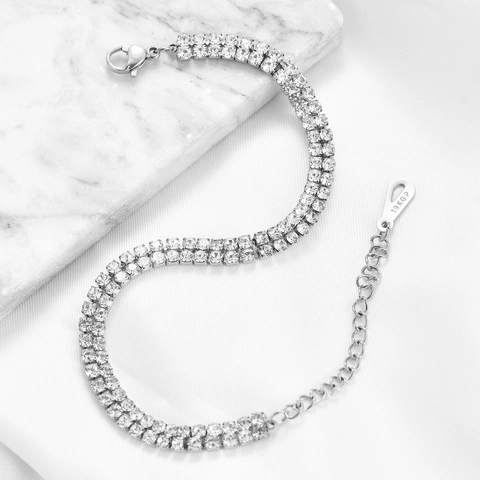 Fashion Stainless Steel Double Row Rhinestone Tennis Bracelet For Women 14K Gold Plated Adjustable Link Chain Jewelry