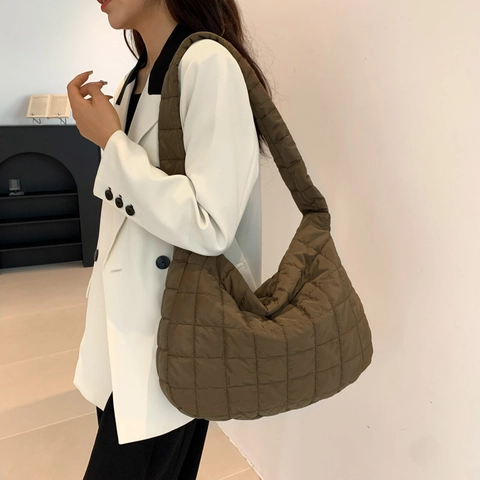 Gesteppte Umhängetasche Große Kapazität Puffer Tote Baumwolle Nylon Gitter Retro Mode Damen Täglich Lässig Leicht