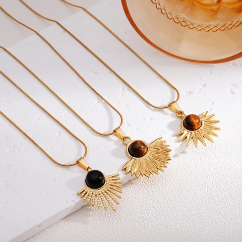 Collana Con Pendente Girasole Bohémien Acciaio Inossidabile Pietra Occhio Di Tigre Naturale Gioielli Radiosi Per Donna