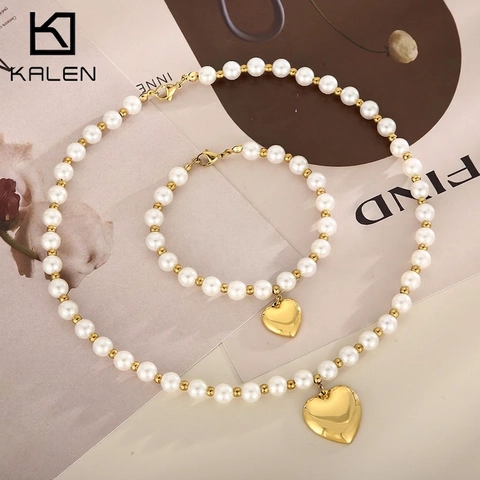 Collana E Bracciale In Acciaio Inossidabile Con Künstliche Perle D'imitazione E Ciondolo A Cuore Lucido Gioielli Da Donna