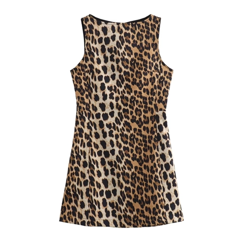 Damen Minikleid Ärmellos Mit Leopardenmuster Rundhalsausschnitt Schlanke Passform A-Linie Polyester Kurzes Kleid Mit Reißverschluss
