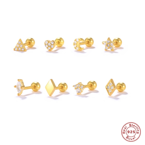 925 Sterling Silver Cartilage Stud Earrings Gold Plated Geometric Heart Moon Star Cubic Zirconia Piercing Jewelry Women